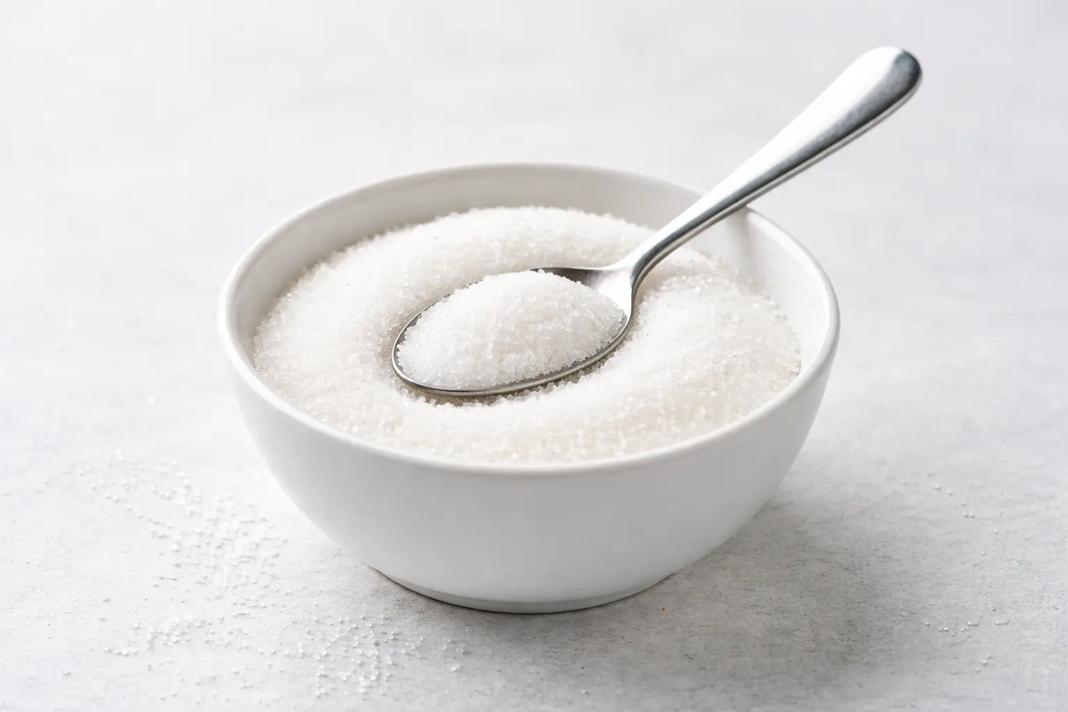 Bol de sucre avec cuillère brillante Bol de sucre blanc raffiné avec cuillère métallique sur fond clair