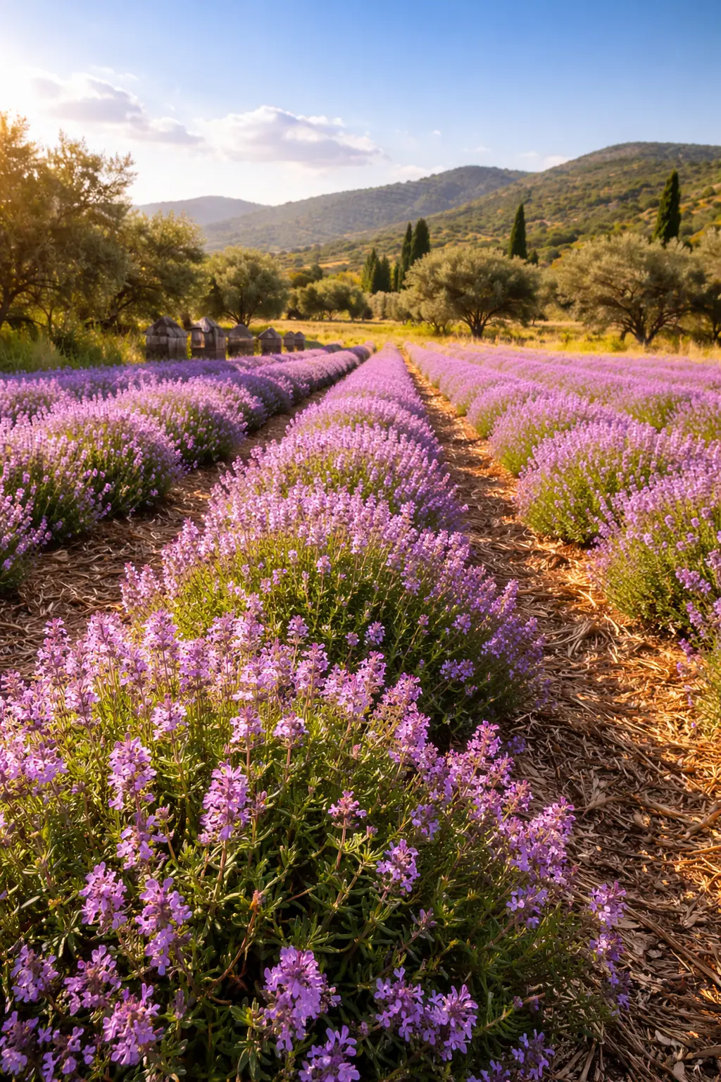 Plantation de thym en fleurs sous le soleil méditerranéen, plante aromatique mellifère butinée par les abeilles