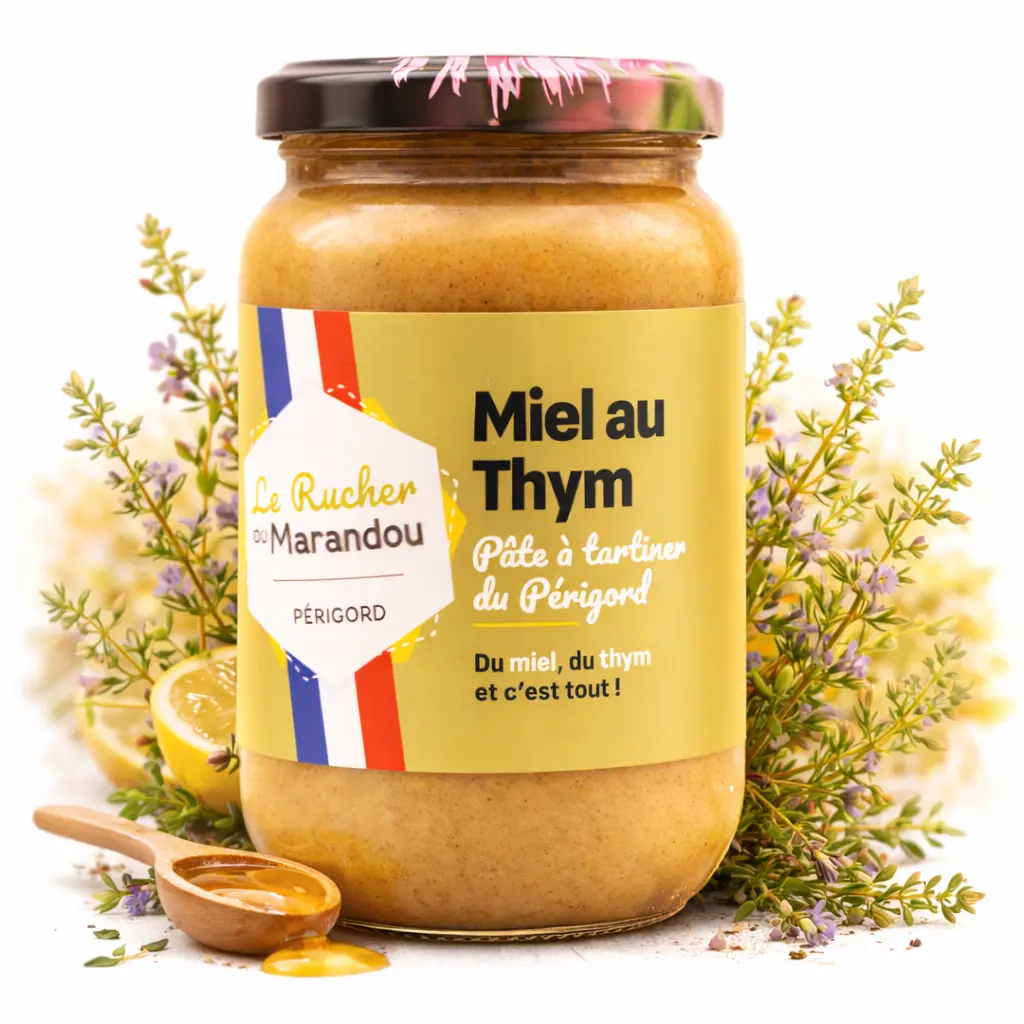 Pot de miel au thym du Périgord, miel français crémeux au thym, fabriqué artisanalement par le Rucher du Marandou<br />
