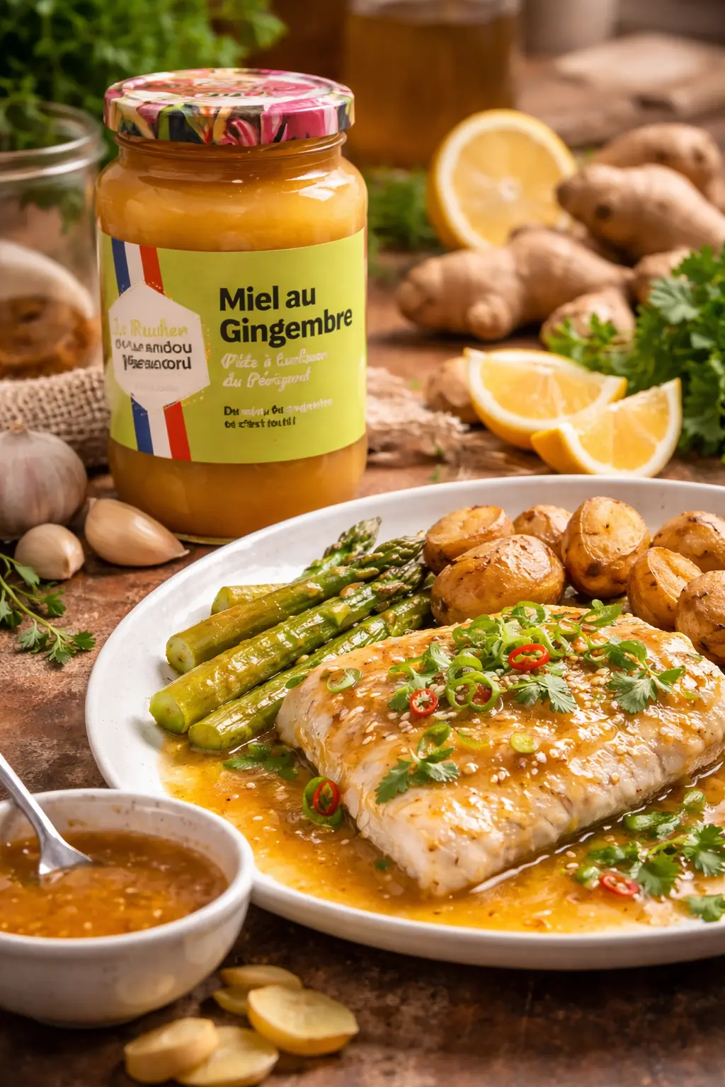 Miel au gingembre du Périgord en marinade sur filet de poisson avec citron et herbes fraîches