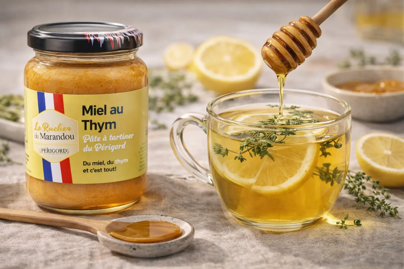 Miel au thym et infusion citron-thym Miel au thym du Périgord du Rucher du Marandou utilisé dans une infusion chaude au thym et au citron