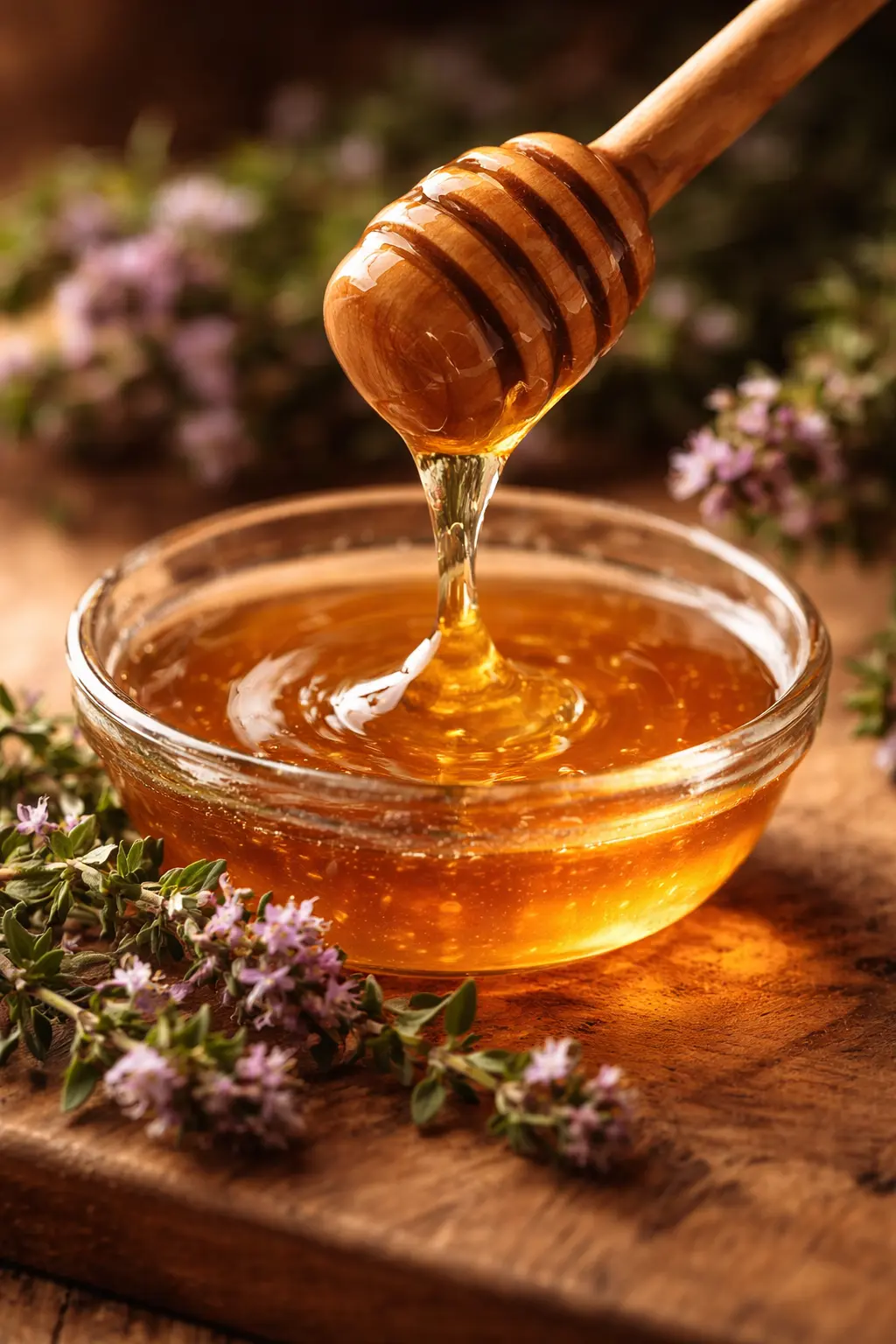 Miel de thym doré aux reflets ambrés, accompagné de fleurs de thym fraîches