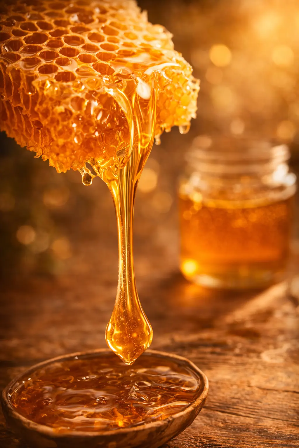Miel doré sur bois rustique Rayon de miel doré laissant couler un filet de miel naturel riche en antioxydants