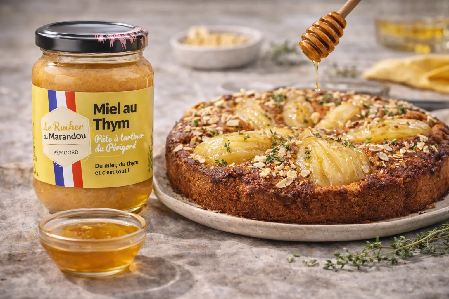 Miel au thym du Périgord du Rucher du Marandou servi avec un gâteau poire et amandes<br />
