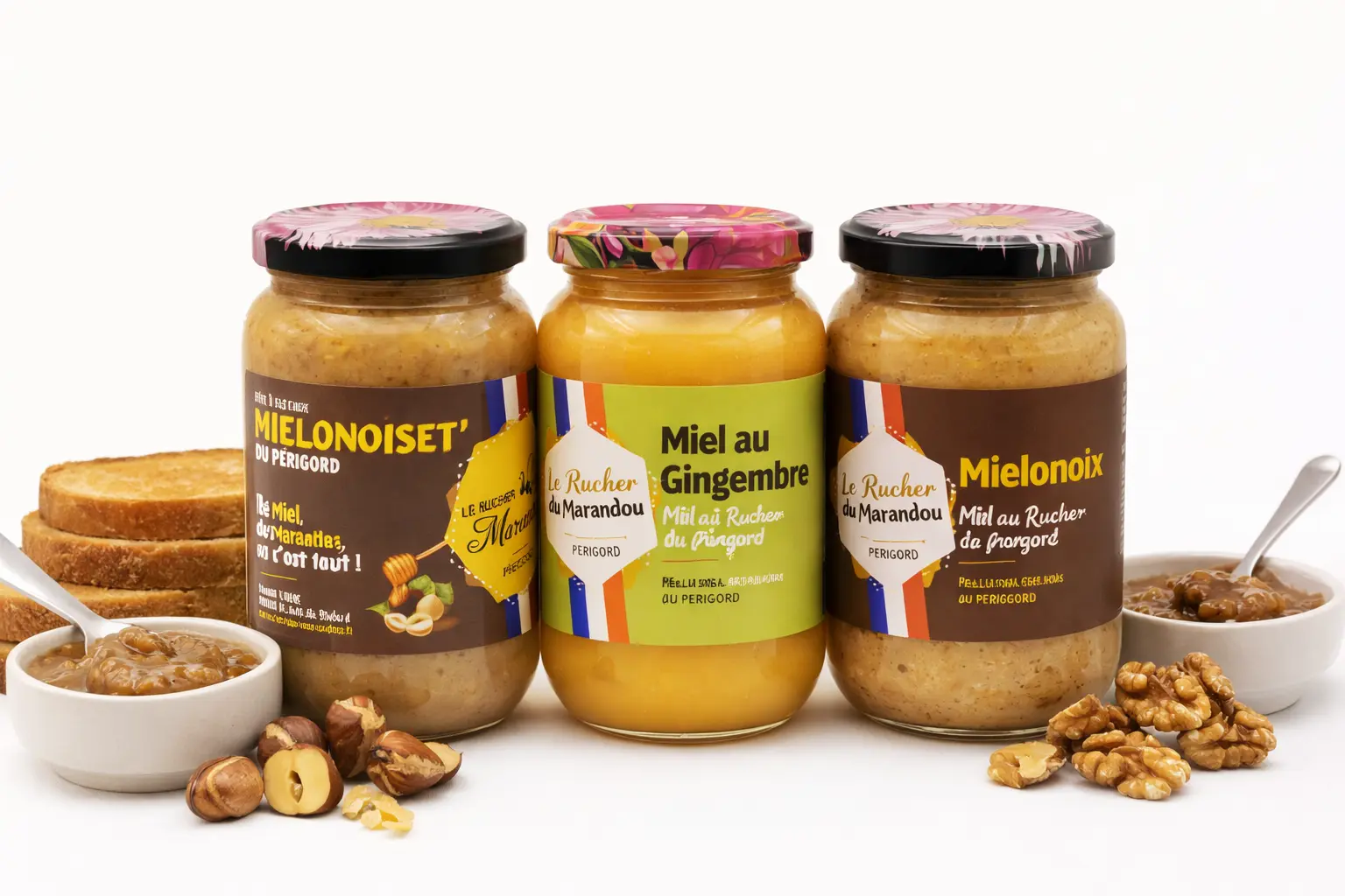 Pâtes à tartiner au miel du Périgord – Le Rucher du Marandou Trois pâtes à tartiner artisanales au miel du Périgord – miel noisette, miel gingembre et miel noix – Le Rucher du Marandou