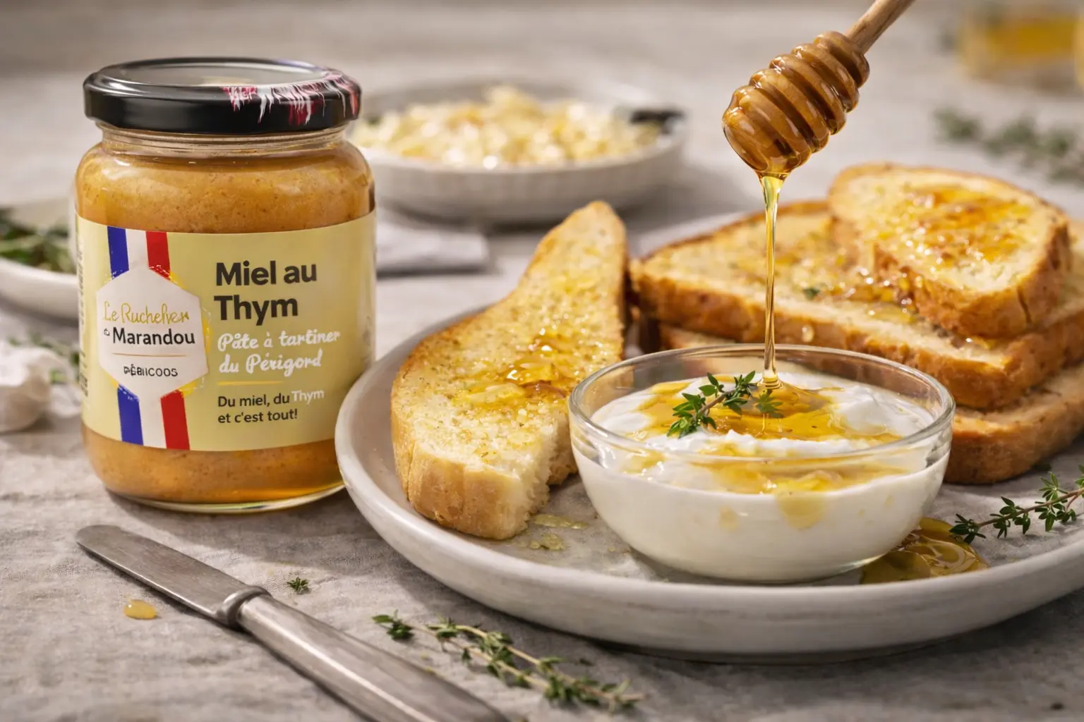 Miel au thym du Périgord du Rucher du Marandou servi au petit-déjeuner, avec tartines, yaourt et filet de miel<br />
