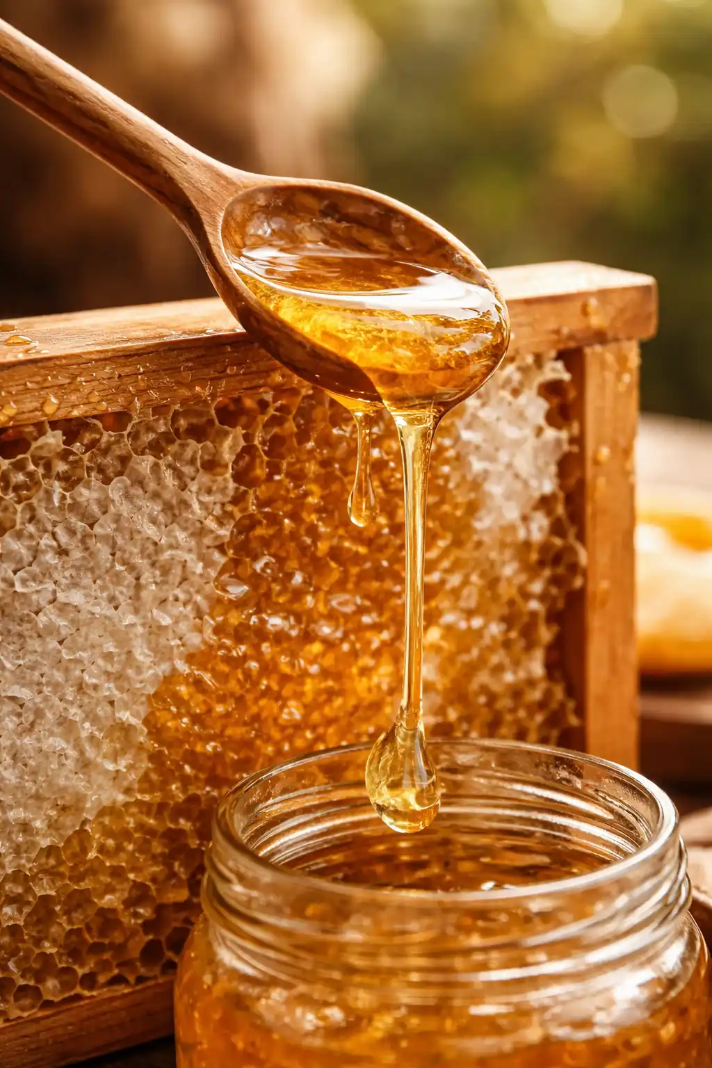 Récolte artisanale d’un miel doré du Périgord Cadre de miel operculé avec cuillère en bois récoltant un filet de miel doré