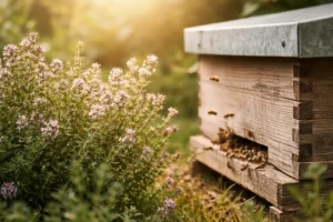 Ruche en bois entourée de thym en fleur, plante mellifère butinée par les abeilles