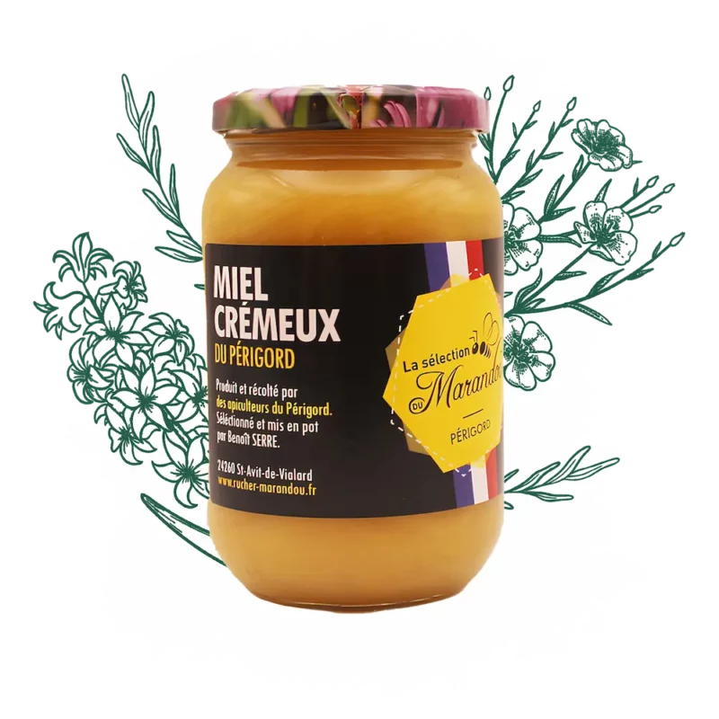 Pot de miel crémeux 500 g du Rucher du Marandou, miel artisanal du Périgord.