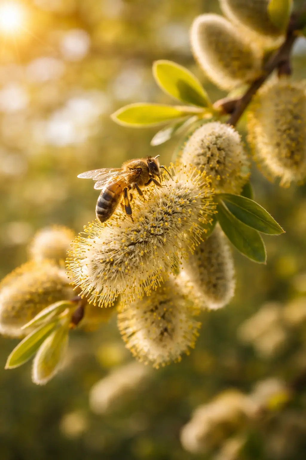Abeille butinant les chatons d’un saule au printemps