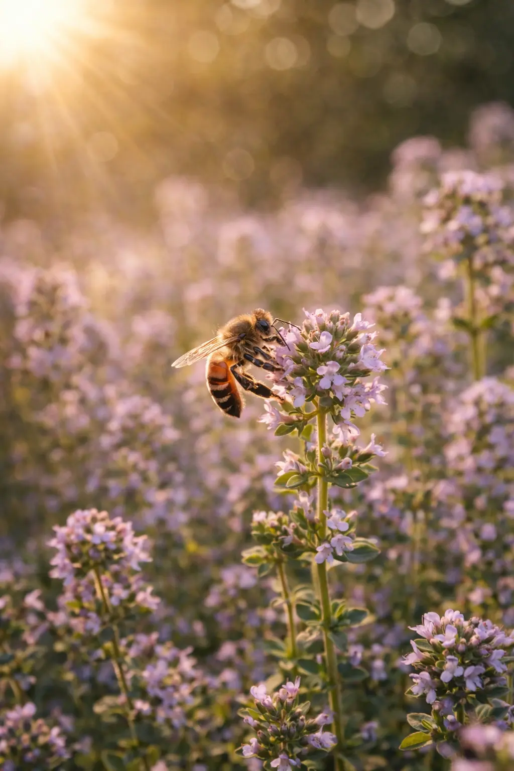Abeille butinant une fleur de thym dans une prairie mellifère
