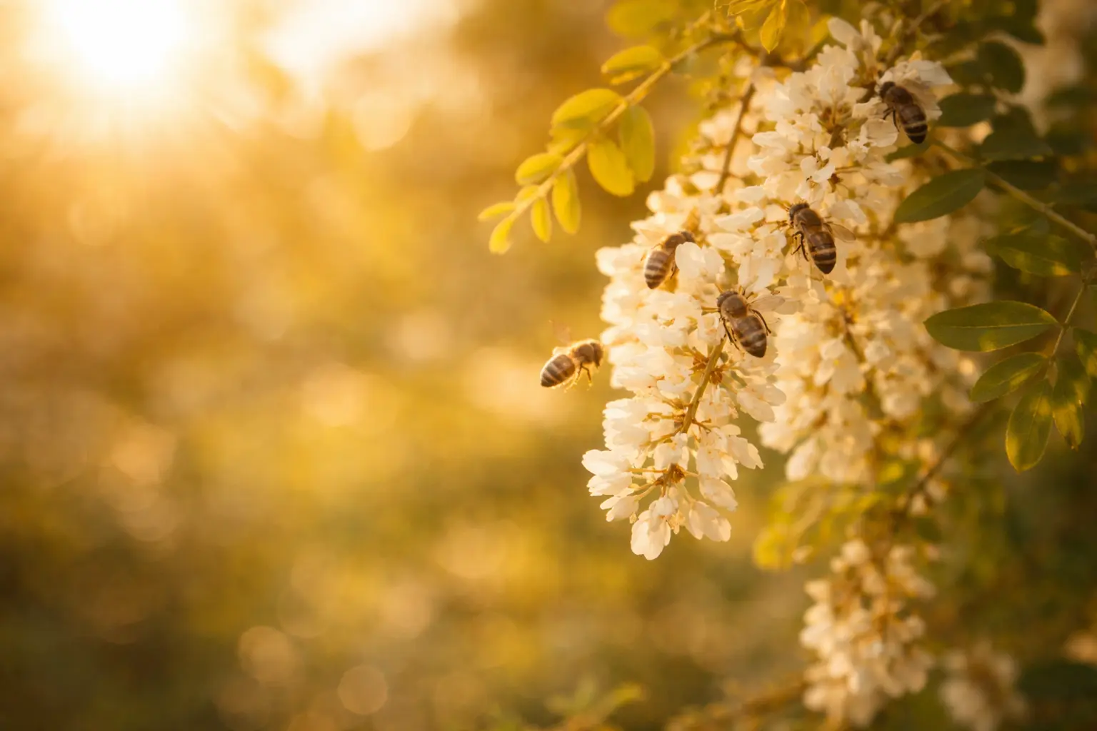 Arbre mellifère en fleurs au printemps Abeilles butinant des fleurs d’acacia au printemps sur un arbre mellifère