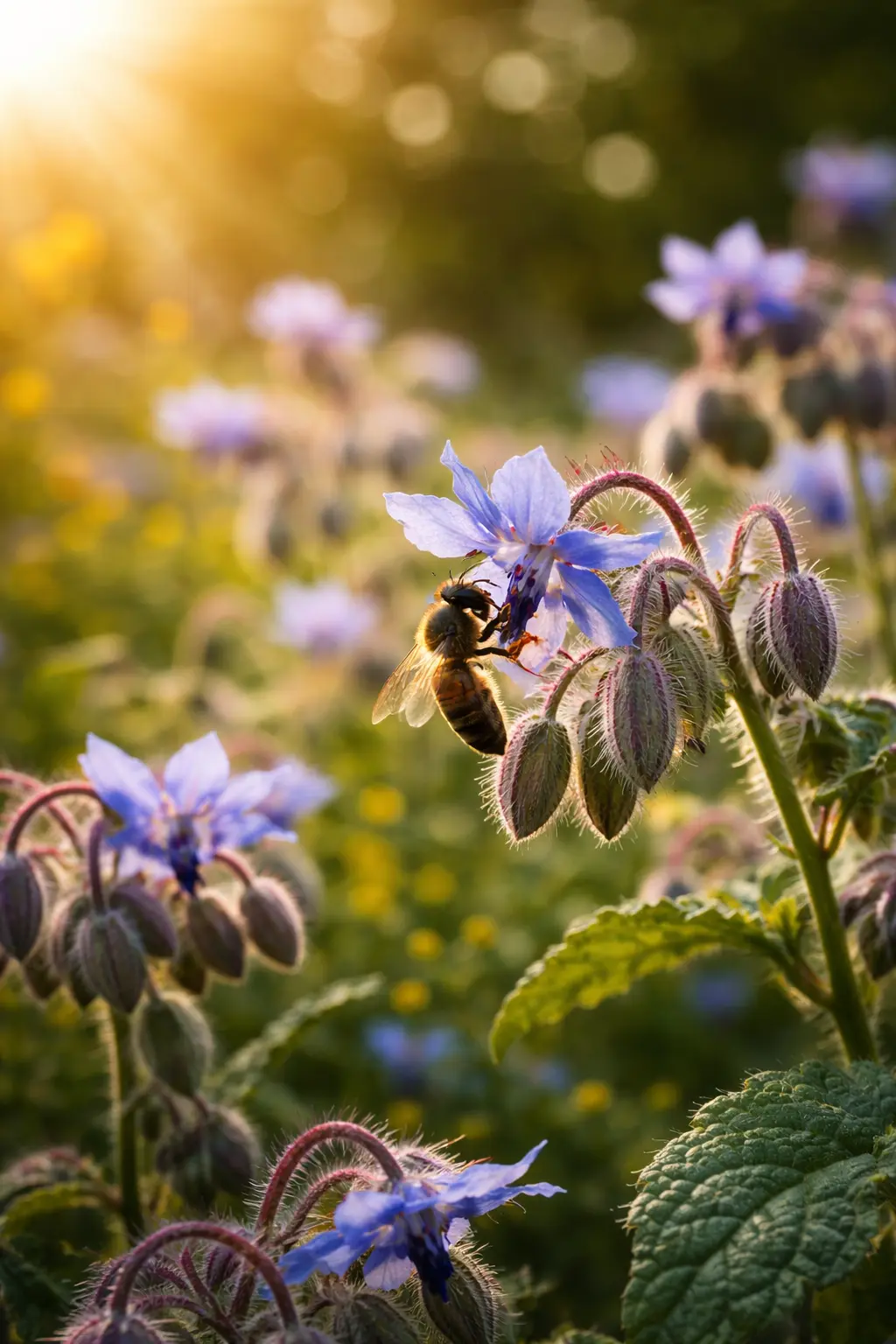 Abeille butinant une fleur de bourrache bleue, plante mellifère riche en nectar
