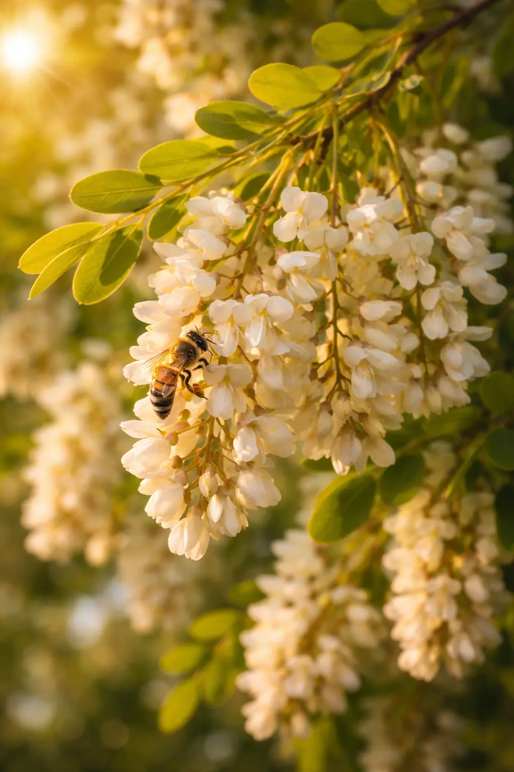 Abeille butinant des fleurs d’acacia sur un arbre mellifère