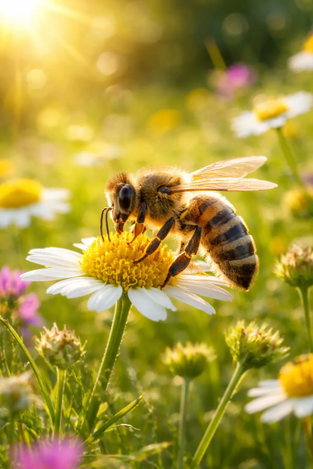 Abeille butinant une marguerite dans une prairie fleurie au soleil