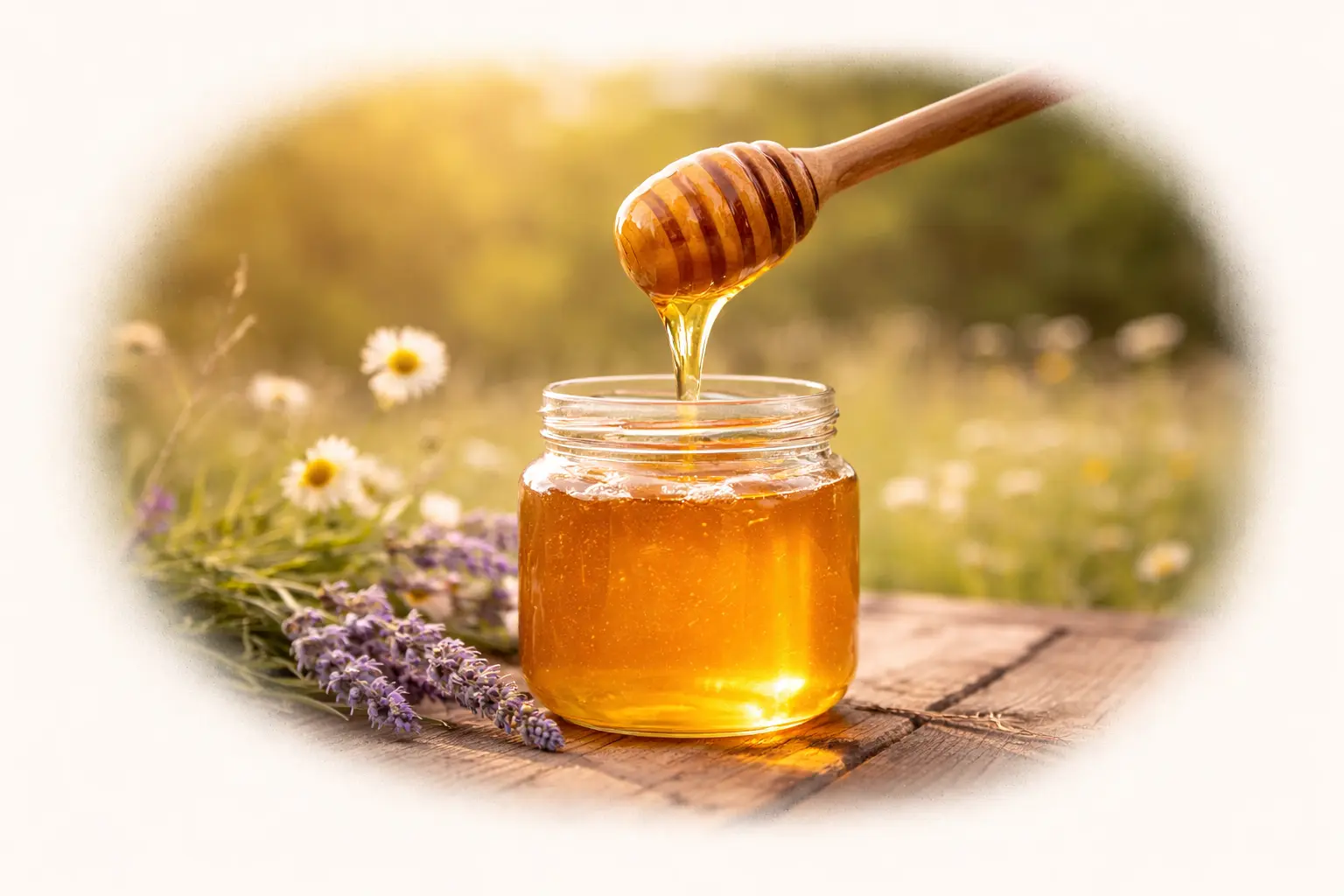 Miel artisanal coulant d’une cuillère dans un pot en verre