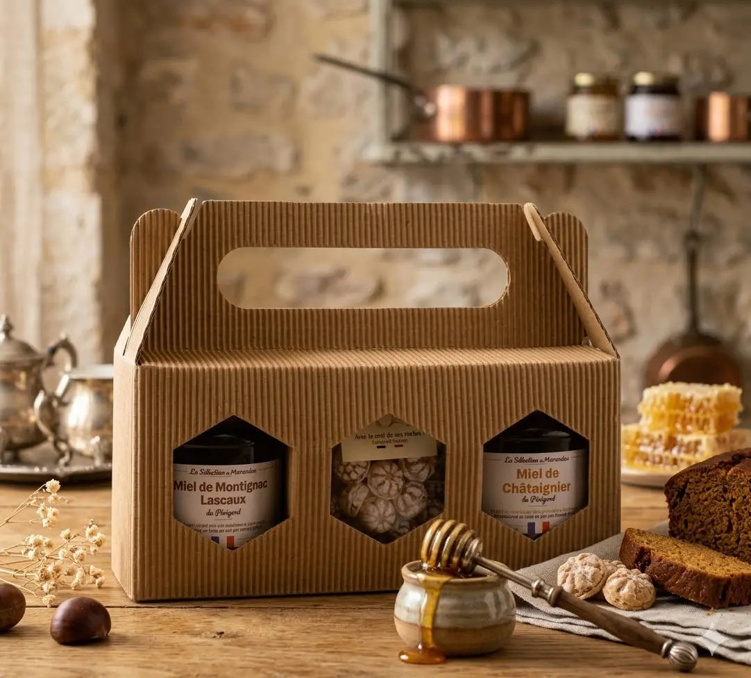 Coffret cadeau au miel du Périgord – Rucher du Marandou Coffret cadeau au miel du Périgord avec deux pots de miel et bonbons au miel du Rucher du Marandou