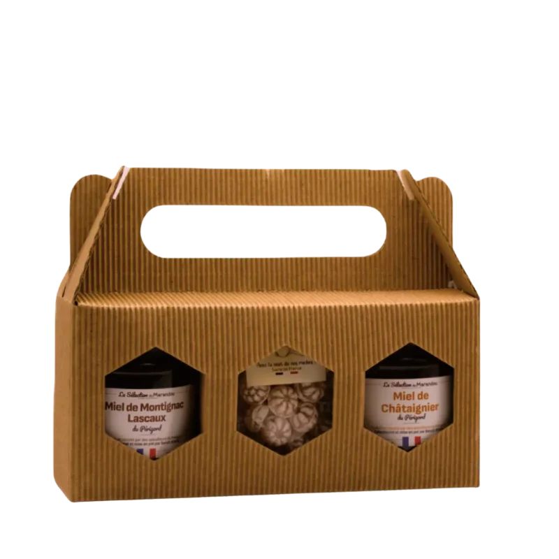 Coffret miel personnalisable du Périgord avec deux pots de miel et bonbons au miel