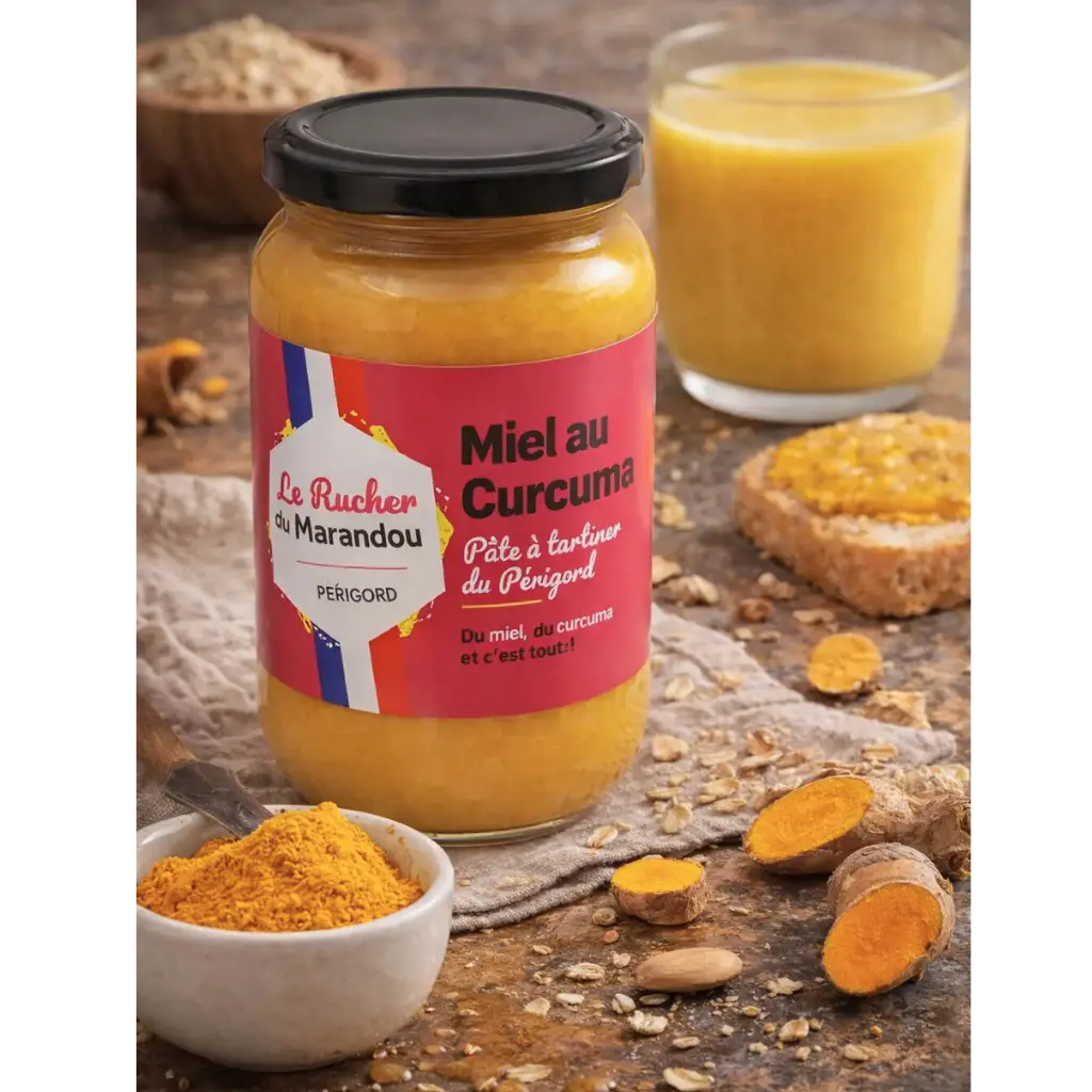 Pot de miel au curcuma du Périgord du Rucher du Marandou servi avec lait doré et poudre de curcuma