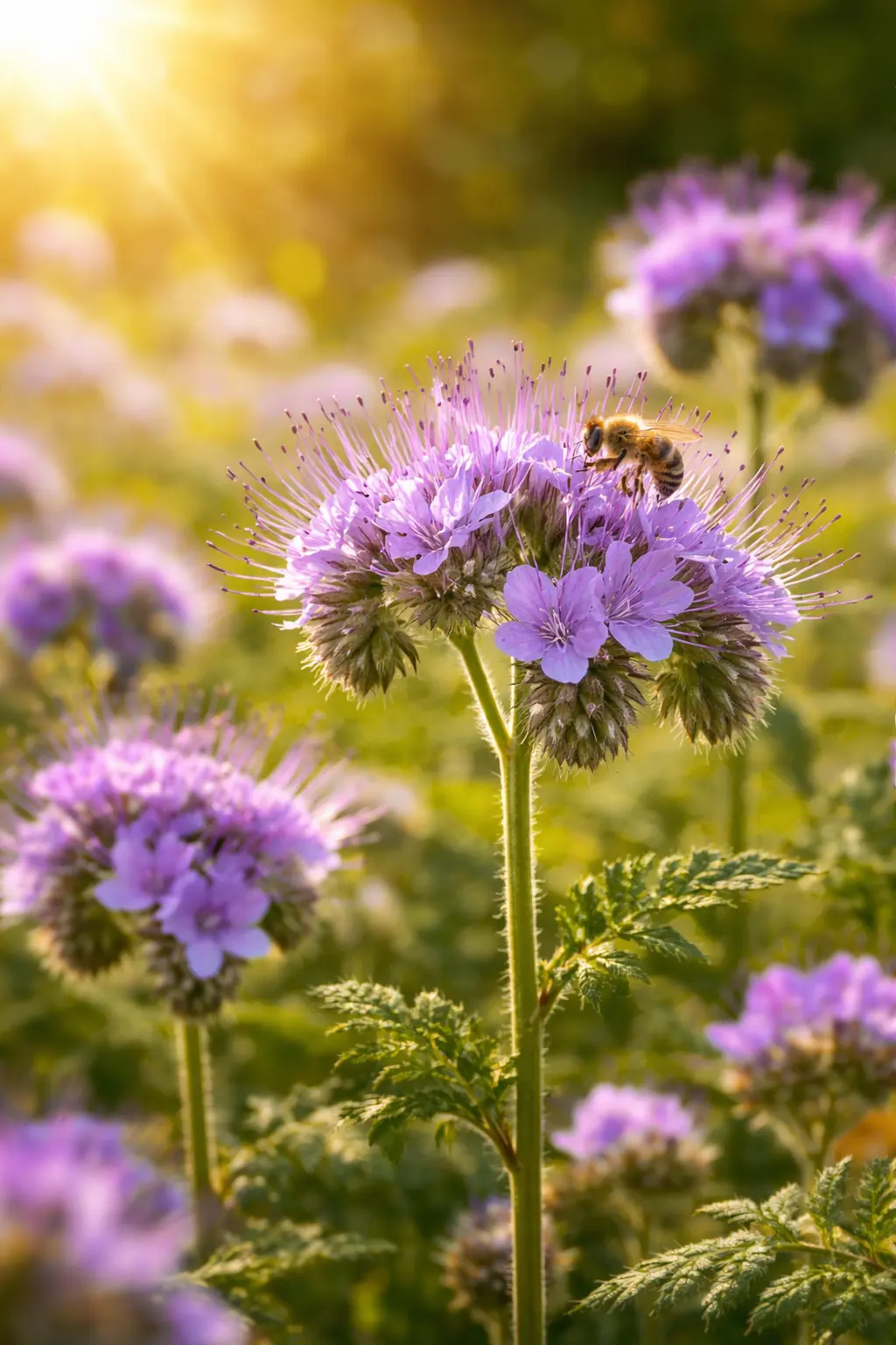 Abeille butinant une fleur de phacélie, plante mellifère très riche en nectar