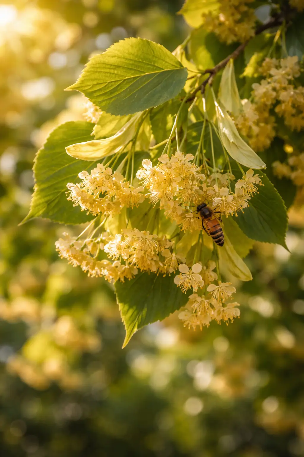 Abeille butinant des fleurs de tilleul sur un arbre mellifère