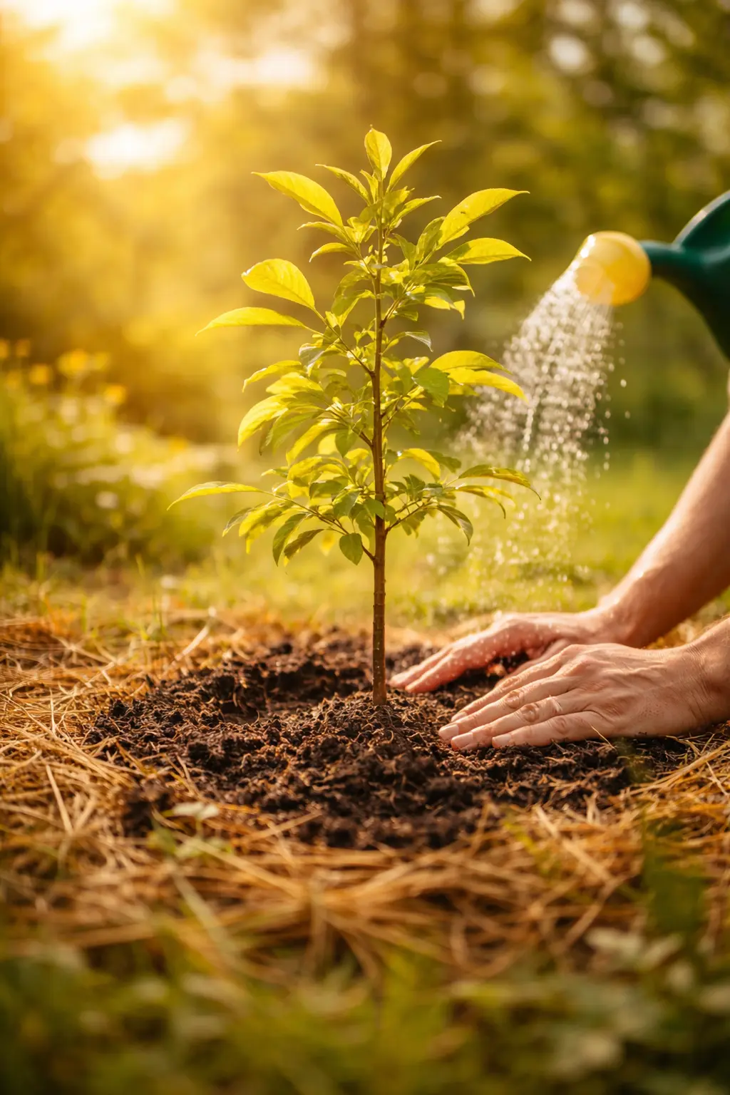 Plantation d’un arbre mellifère au jardin Planter un jeune arbre mellifère dans un jardin pour attirer les abeilles et favoriser la biodiversité