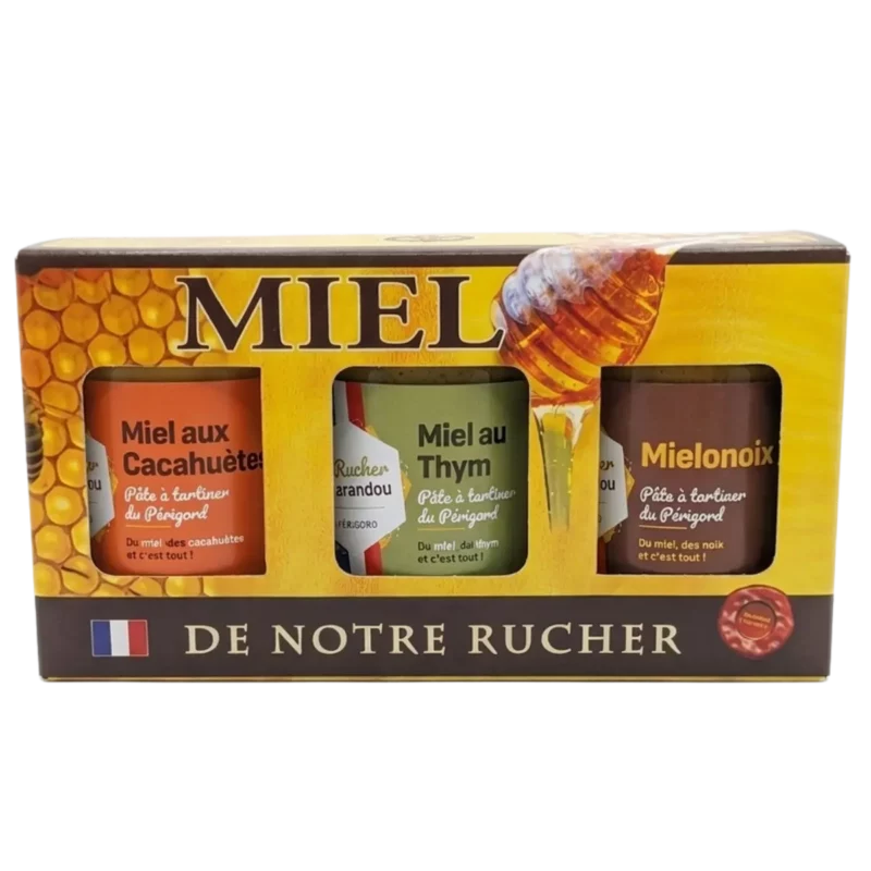 Coffret 3 pâtes à tartiner au miel du Périgord – noisette, thym et cacahuète