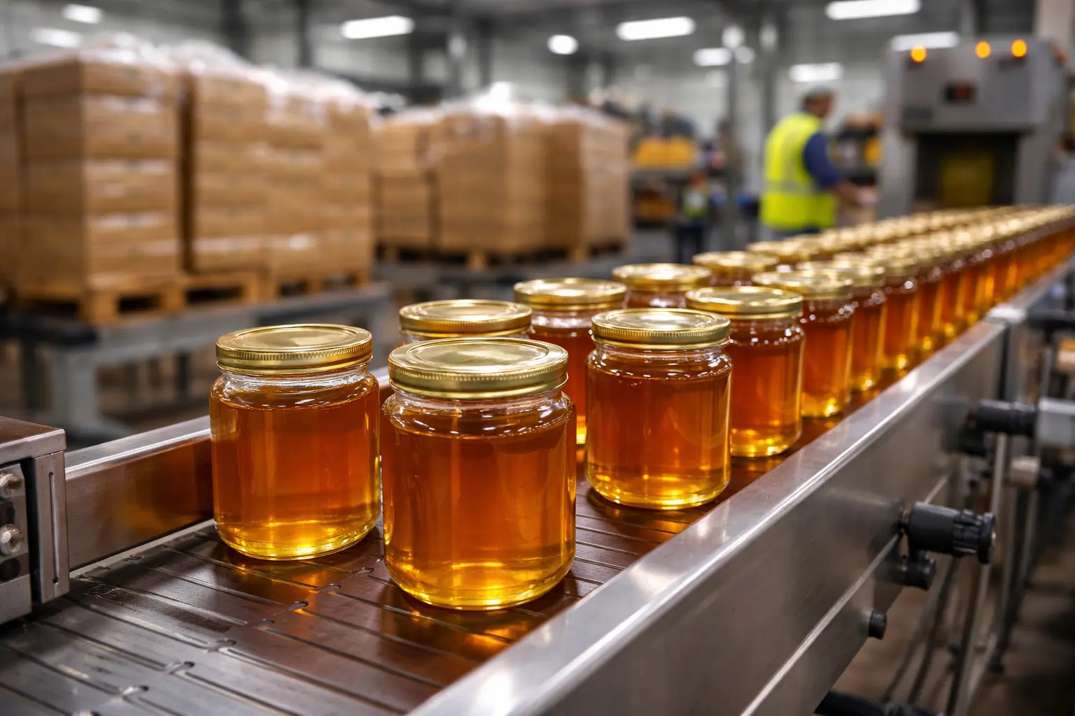 pots de miel conditionnés sur une chaîne de production industrielle