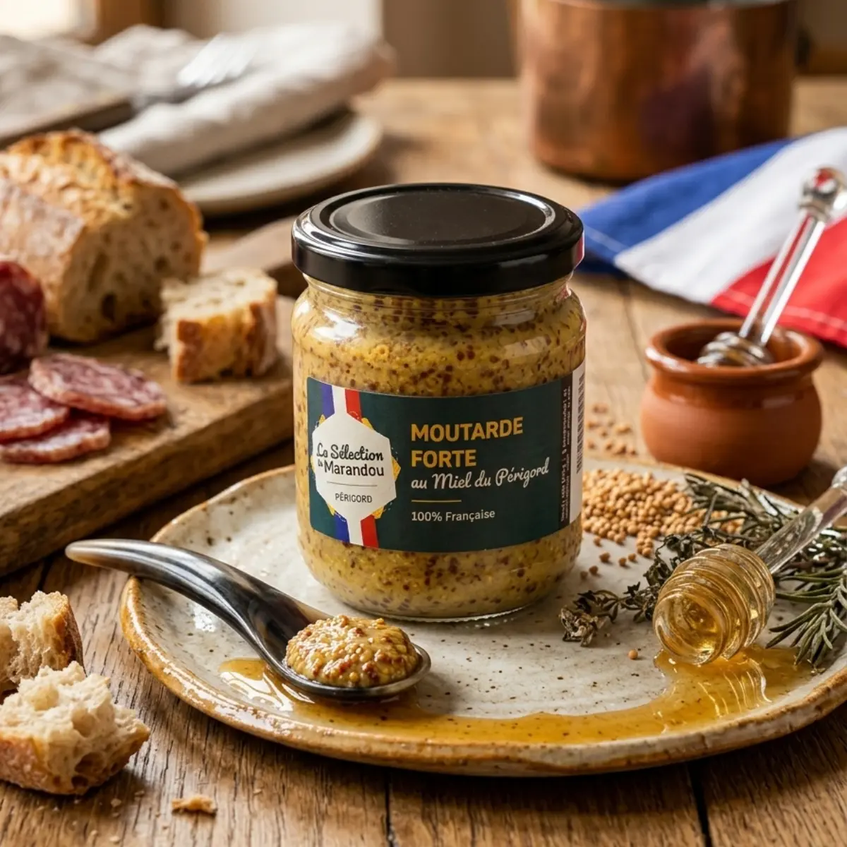 Moutarde forte au miel du Périgord présentée en pot avec tartines et mise en scène gourmande