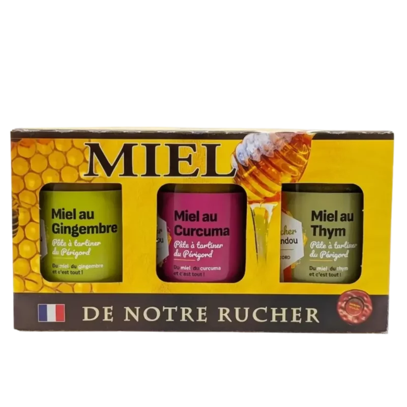 Coffret saveurs et cuisine miel du Périgord avec miel au curcuma gingembre et thym