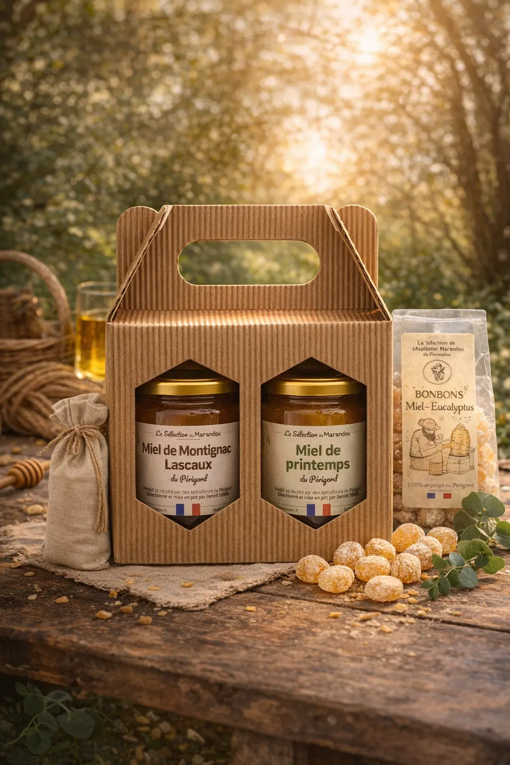 Coffret duo 2x250g – Miels artisanaux du Périgord, Montignac-Lascaux et Printemps Sélection, en situation petit-déjeuner convivial