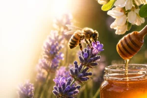 Abeille butinant le nectar d’une fleur de lavande au coucher du soleil