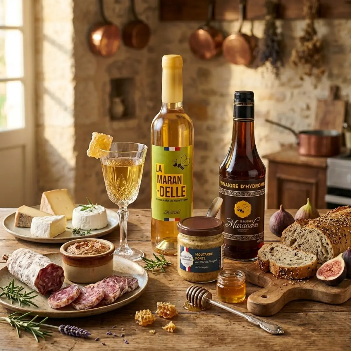 Hydromel, vinaigre d’hydromel et moutarde au miel du Périgord sur table gourmande avec fromages et charcuterie