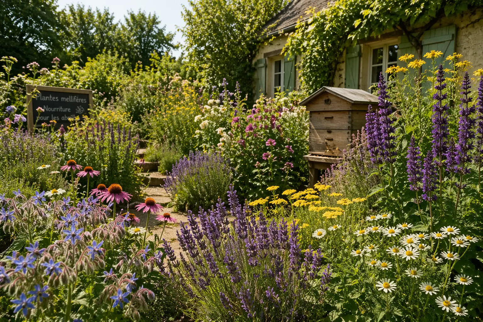 Jardin riche en plantes mellifères avec fleurs variées et ruche favorisant les abeilles