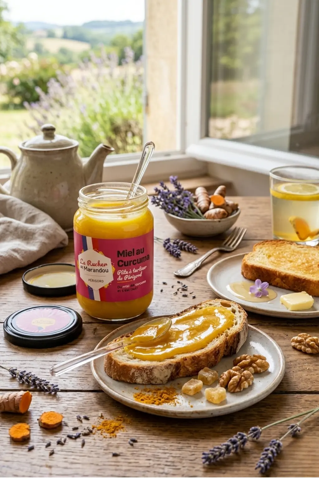 Miel au curcuma du Périgord sur tartine avec noix et miel crémeux, ambiance petit déjeuner naturel du Rucher du Marandou