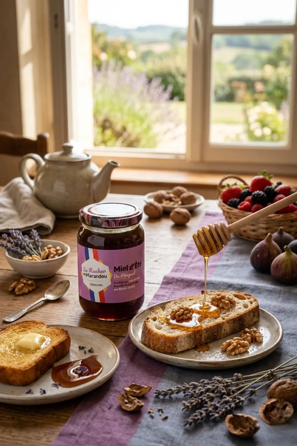 Miel d’été du Périgord sur tartine avec noix et miel coulant, ambiance petit déjeuner artisanal du Rucher du Marandou