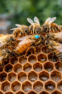 Reine Buckfast de souche italienne entourée d’abeilles sur un cadre de ruche avec alvéoles remplies