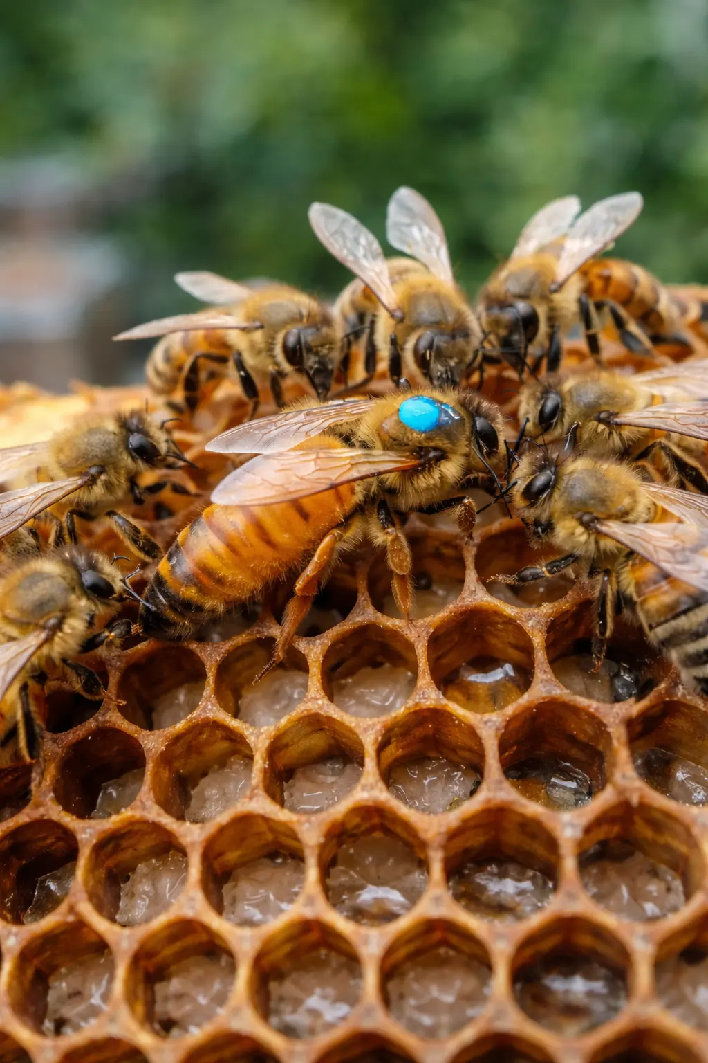 Reine Buckfast de souche italienne entourée d’abeilles sur un cadre de ruche avec alvéoles remplies