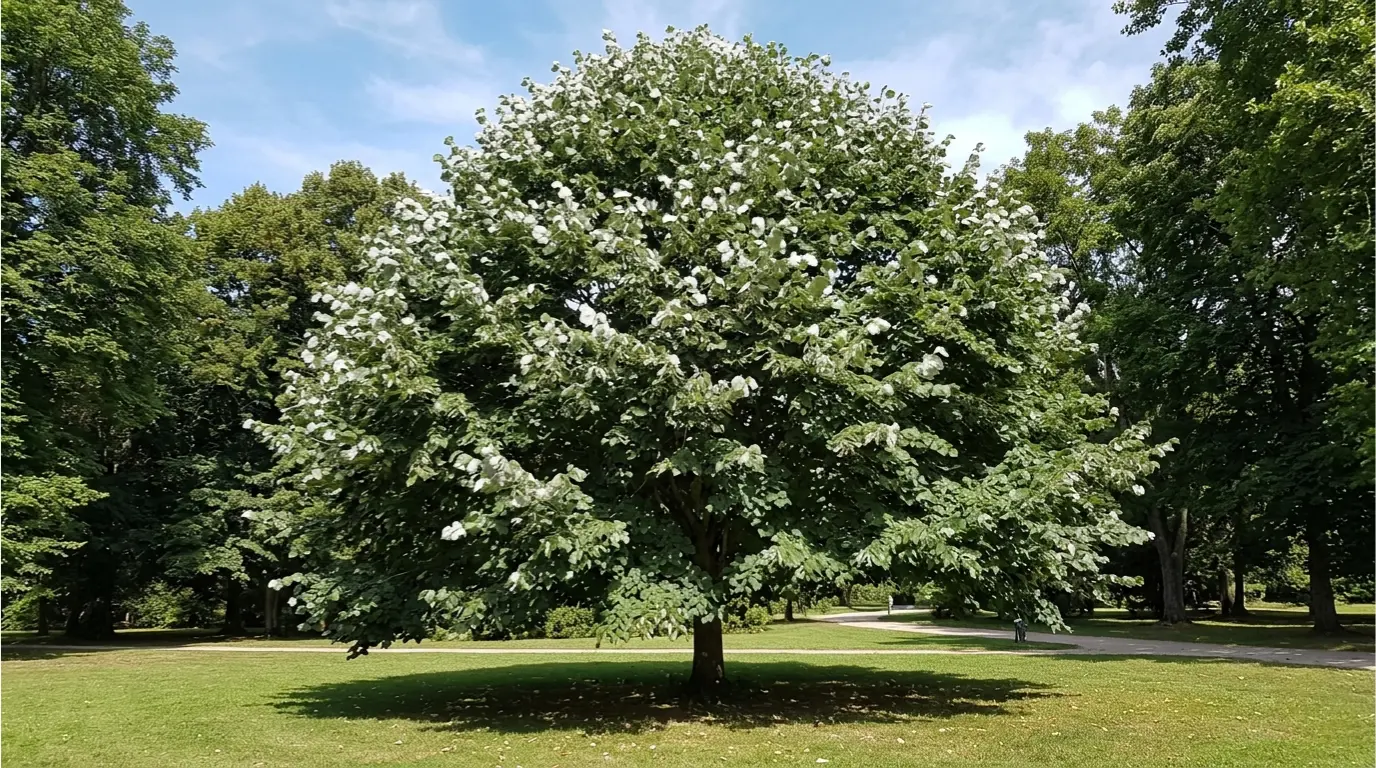 tilleul argenté en fleurs arbre mellifère parc feuilles claires dessous blanc