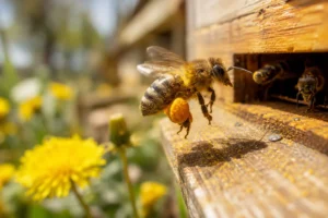 Abeille chargée de pollen entrant dans une ruche au printemps
