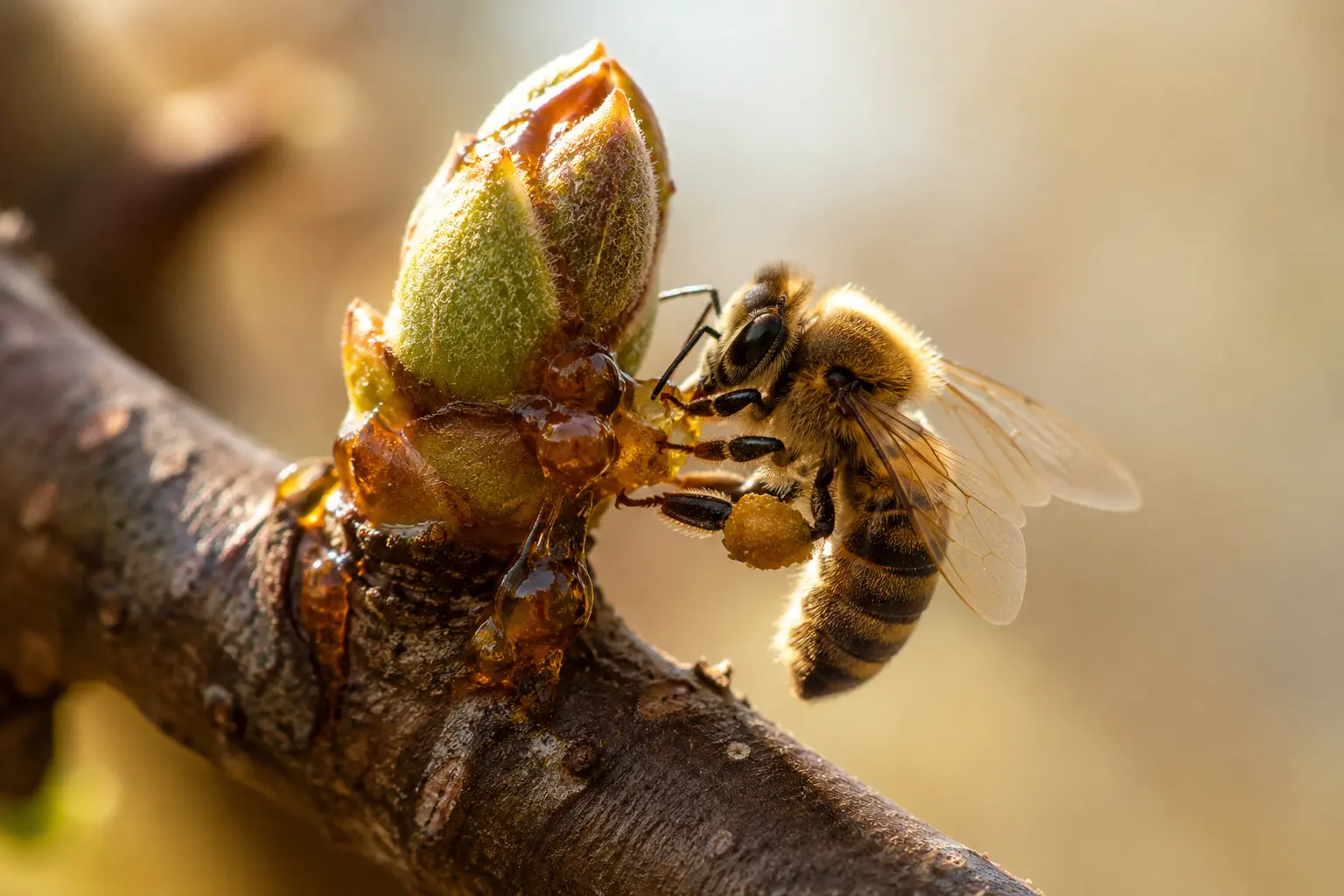 Récolte de résine par une abeille – fabrication de la propolis Abeille récoltant de la résine sur un bourgeon pour fabriquer la propolis
