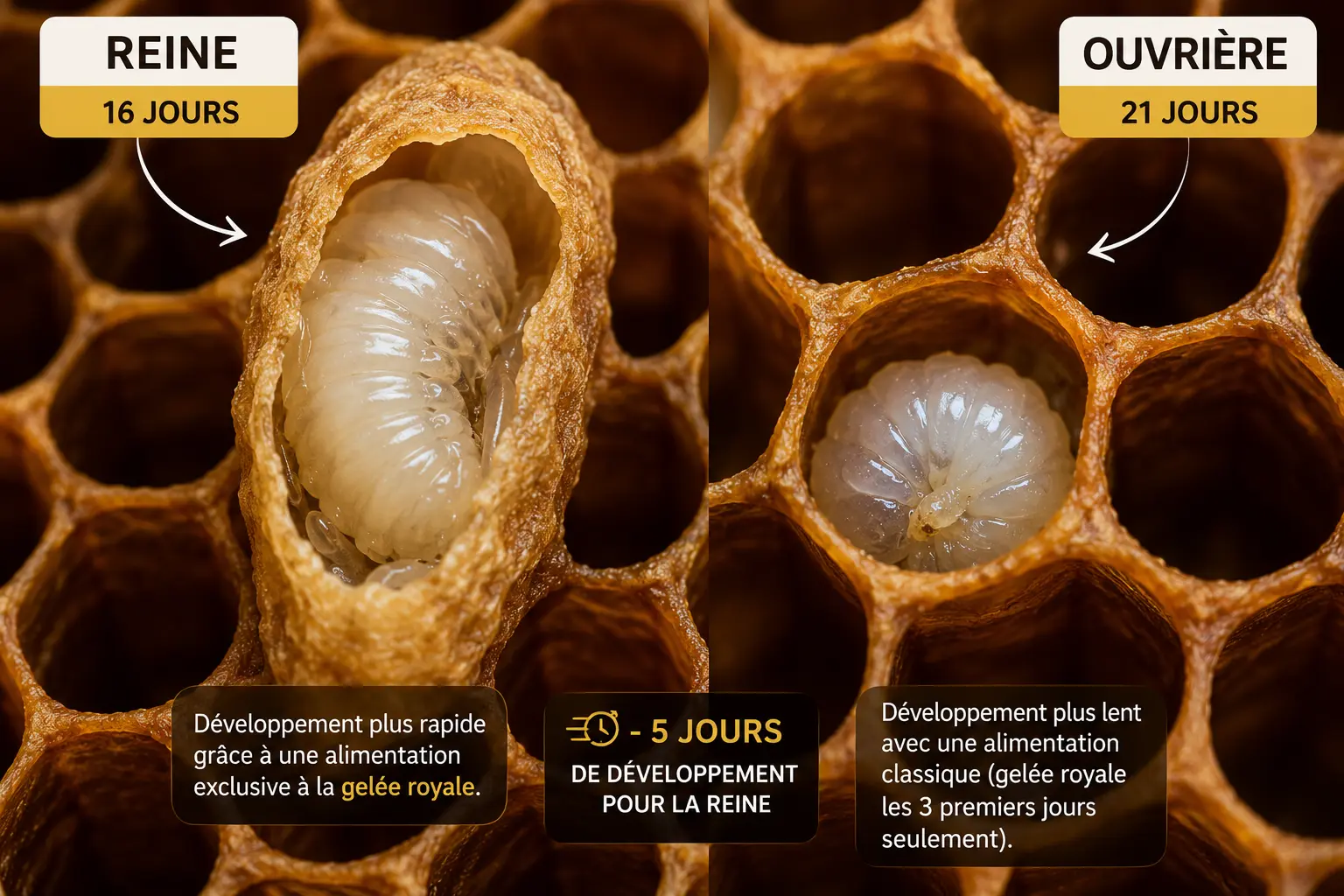 Comparaison macro entre une cellule royale et une cellule d’ouvrière dans une ruche d’abeilles