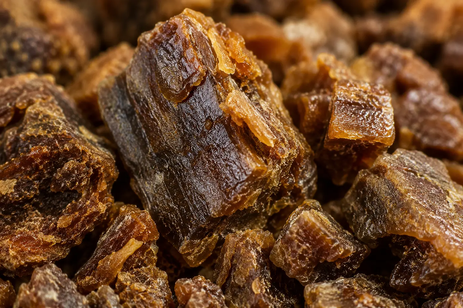 Propolis brune en macro Macro de propolis brune montrant sa texture résineuse et ambrée