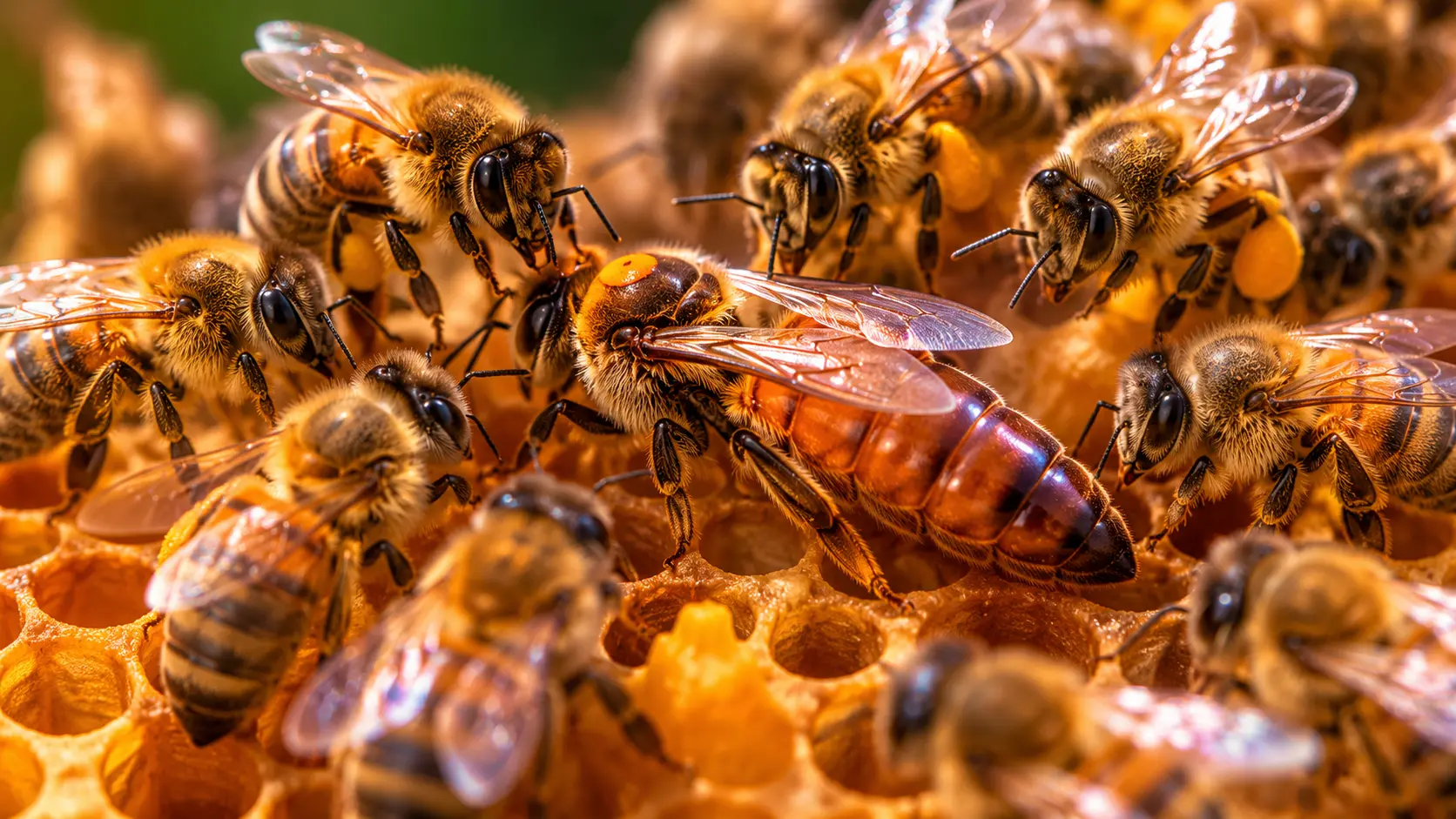 Reine abeille entourée d’ouvrières sur un cadre de ruche en lumière dorée