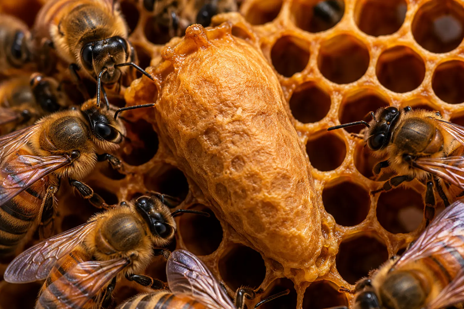 Cellule royale operculée entourée d’abeilles ouvrières sur un cadre de ruche en macro