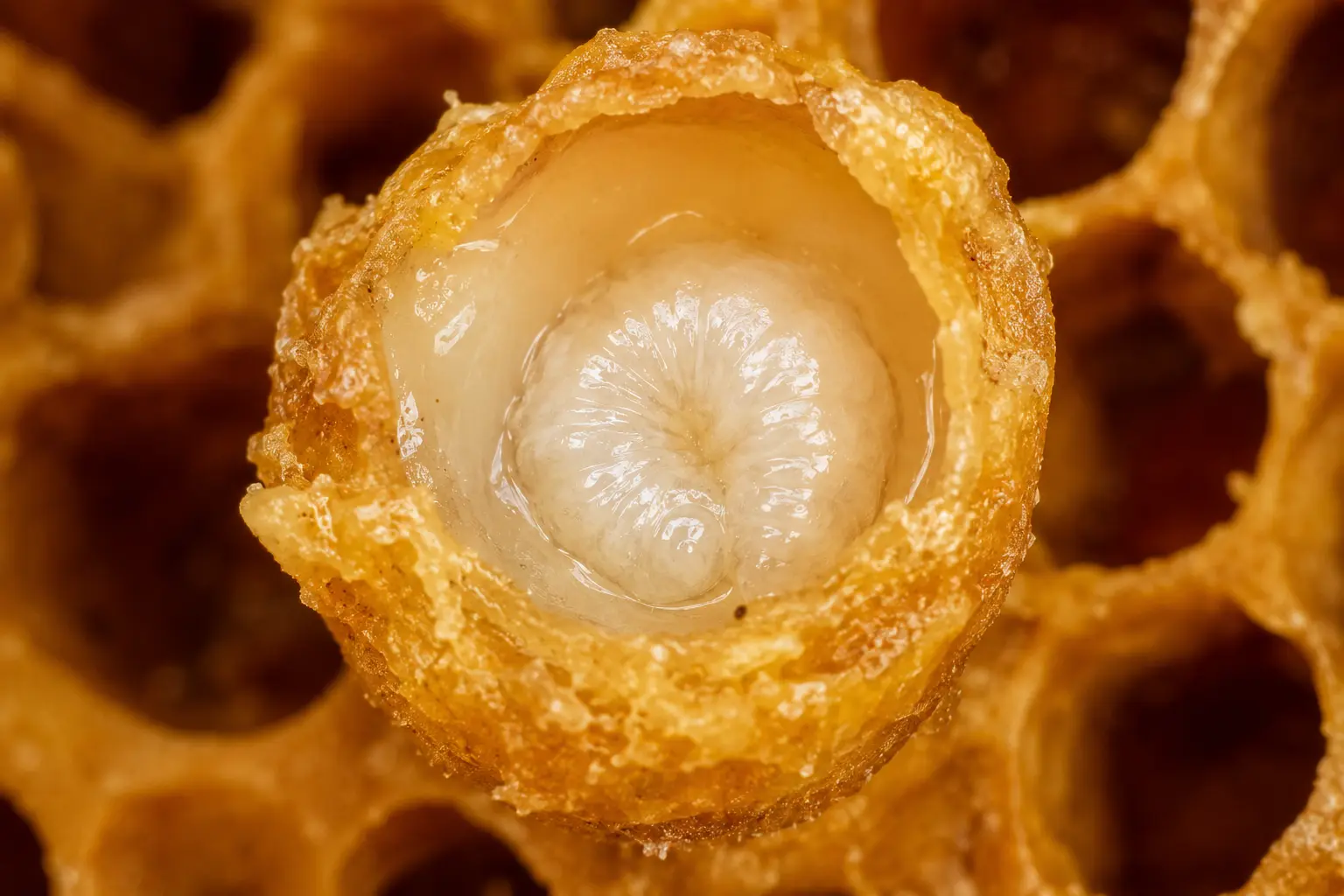 Larve de reine abeille nourrie à la gelée royale dans une cellule royale en macro