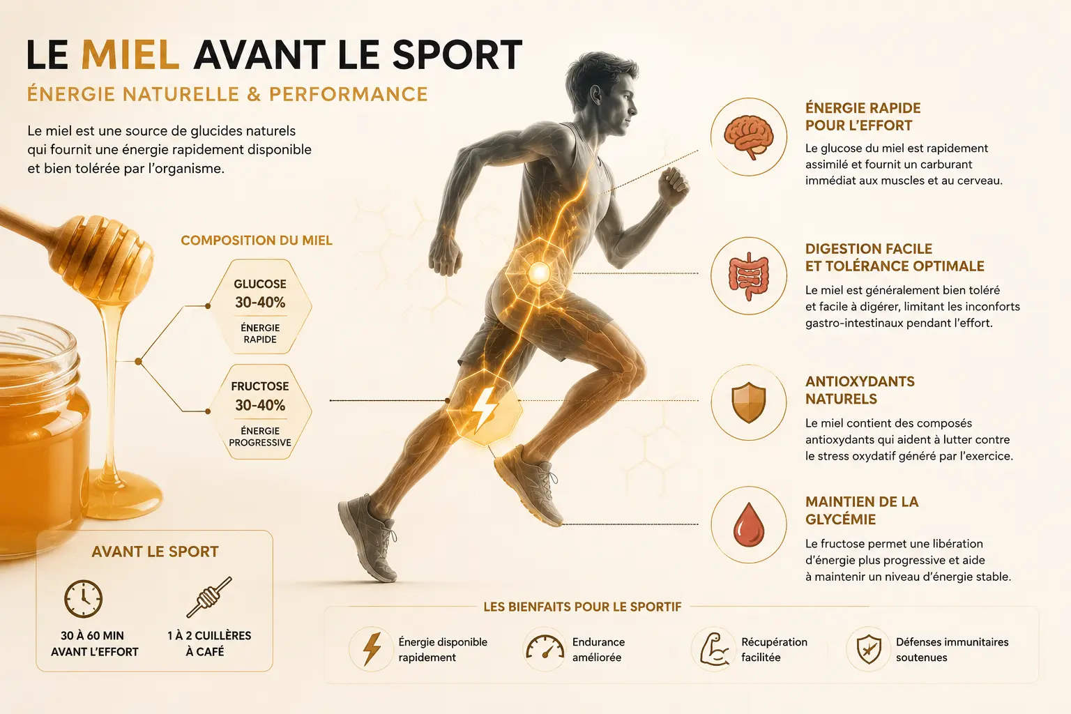 Le miel, allié énergétique du sport Infographie expliquant les effets du miel sur l’organisme avant une activité sportive avec énergie, digestion et glycémie