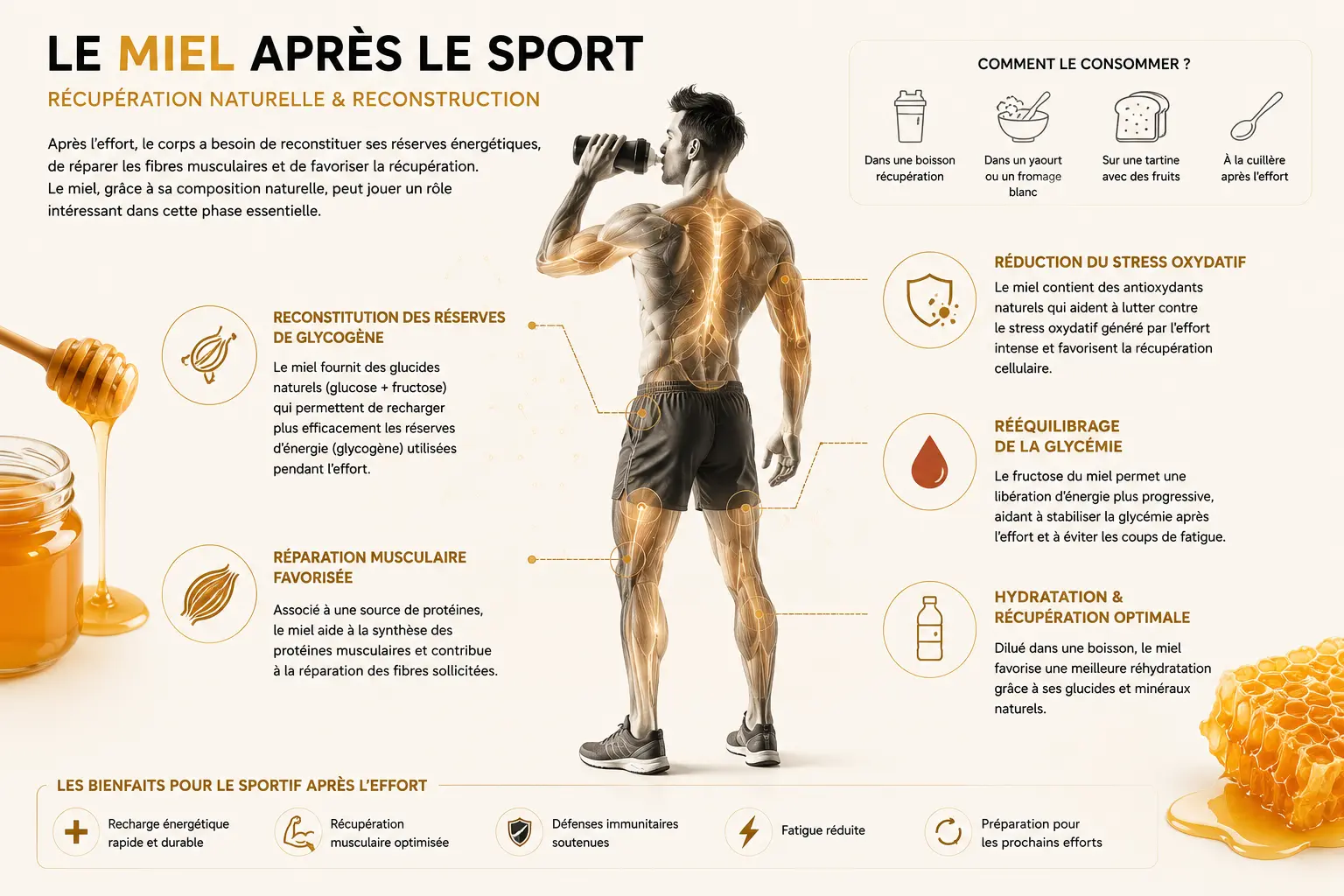 Le miel et la récupération sportive Infographie scientifique expliquant les effets du miel sur la récupération sportive après l’effort avec glycogène, récupération musculaire et hydratation