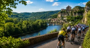 Peloton du Tour de France traversant les paysages de Dordogne entre Périgueux et Bergerac lors de l'étape 2026