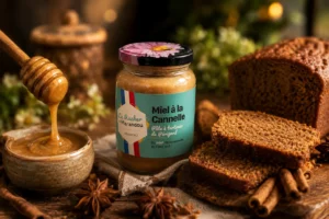 Pain d’épices moelleux au miel accompagné d’un pot de miel à la cannelle du Rucher du Marandou